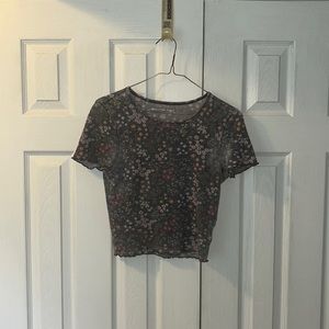 American Eagle Women's Purple and pink floral lettuce cut waffle knit baby tee